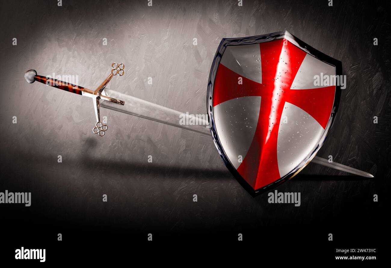Épée et bouclier avec croix rouge Templiers Banque D'Images