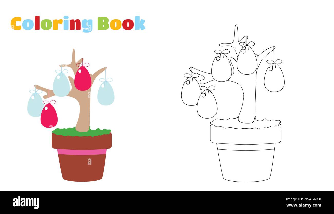 Coloriage. L'arbre est décoré avec des œufs de Pâques dans des pots. Illustration festive pour les vacances. Illustration de Vecteur