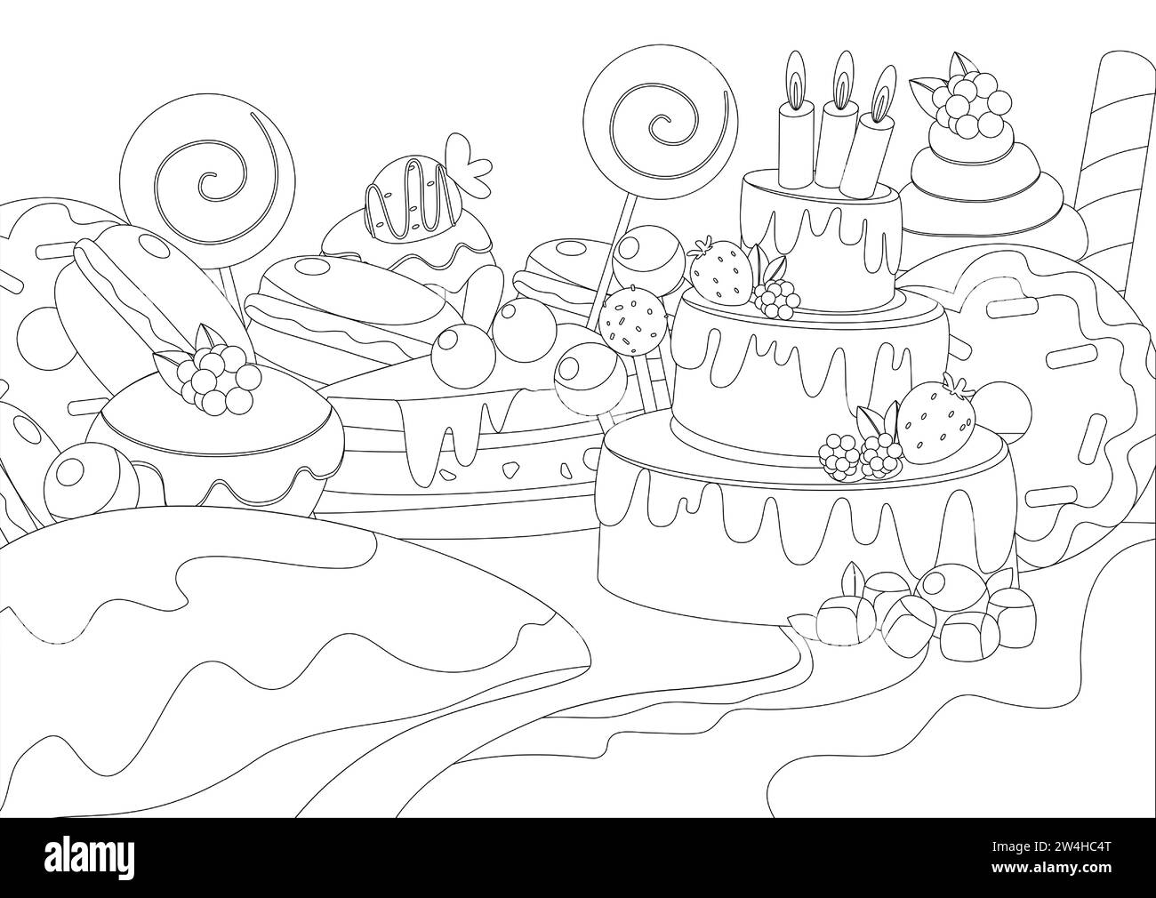 Coloriage. Panorama ensemble de gâteaux de bonbons avec des bougies, macarons, beignets, sucettes, muffins dans le style de bande dessinée. Illustration de Vecteur