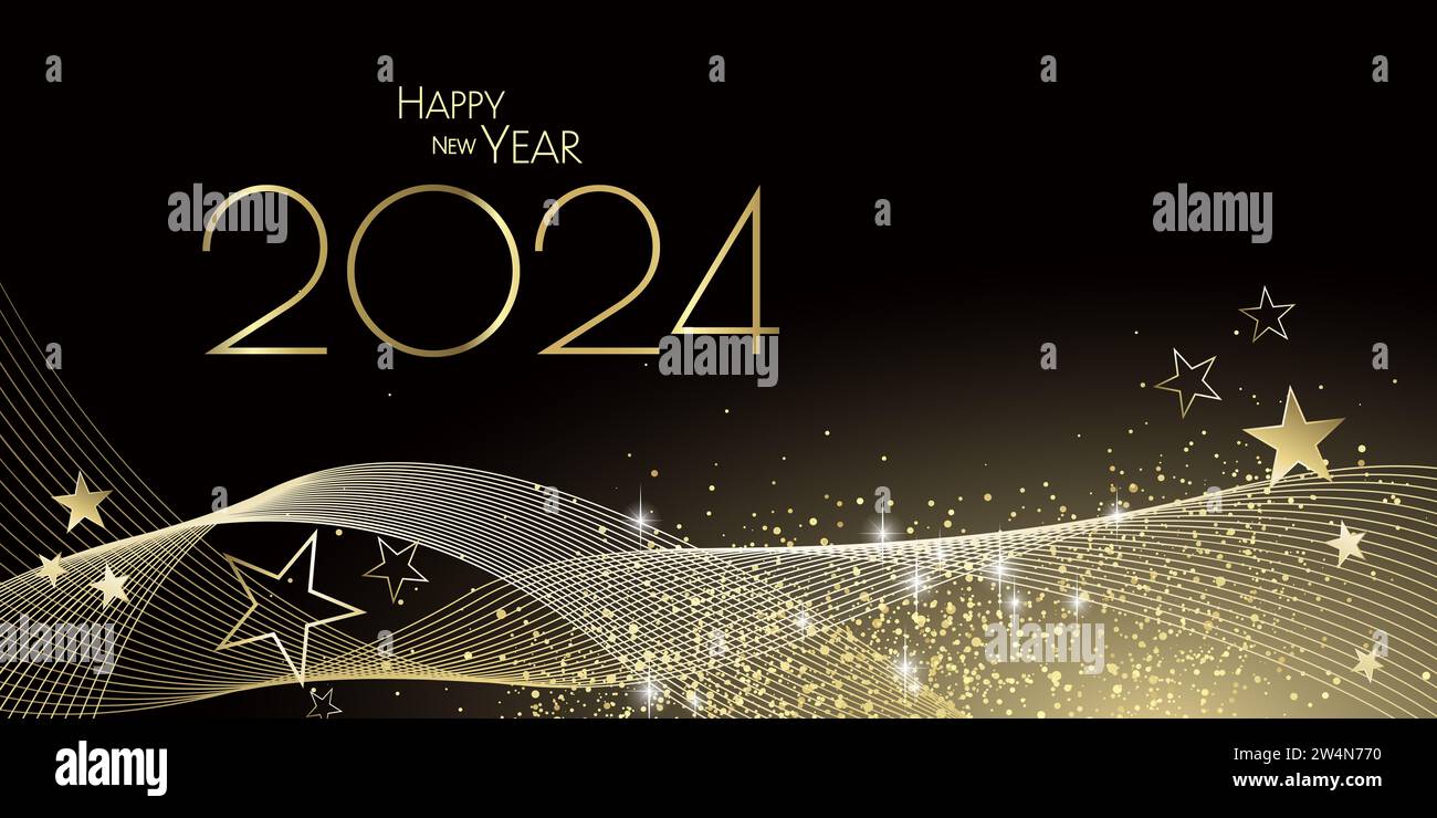 Bonne année 2024 - vagues noires et dorées et thème de conception de poussière de diamant Banque D'Images
