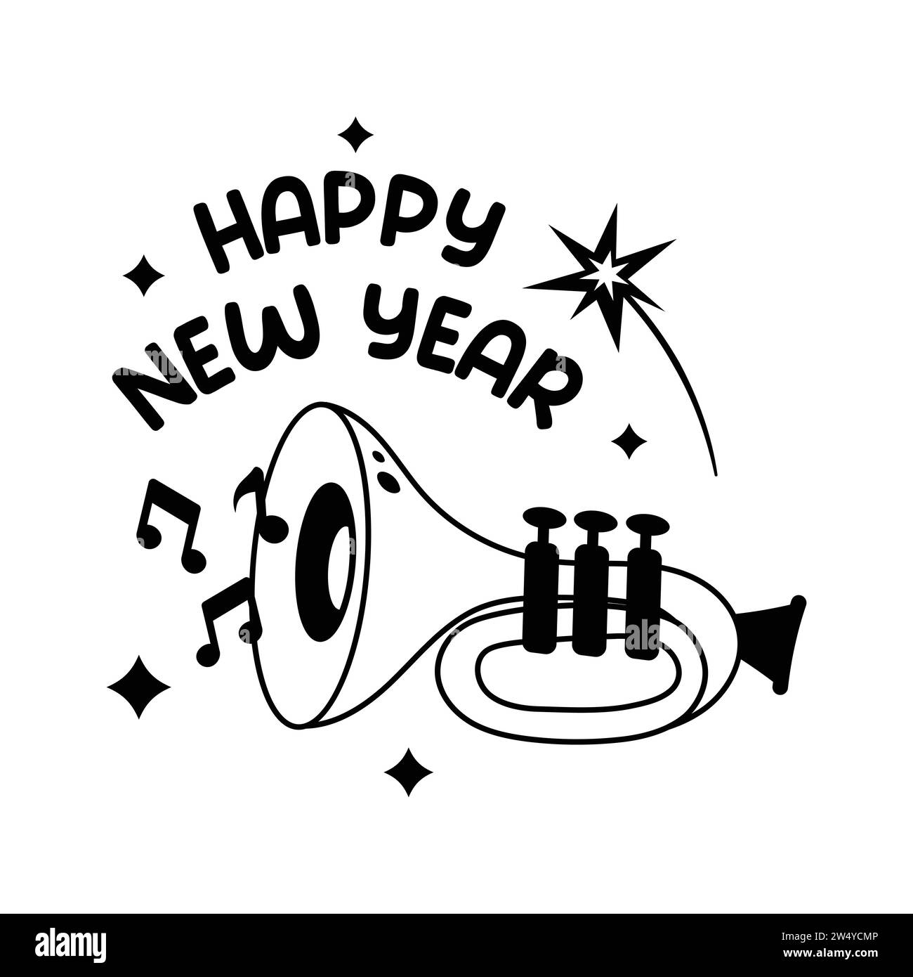 Conception de vecteur de fête de bonne année, icône de trompette, fête de célébration de nouvelle année 2024 Illustration de Vecteur