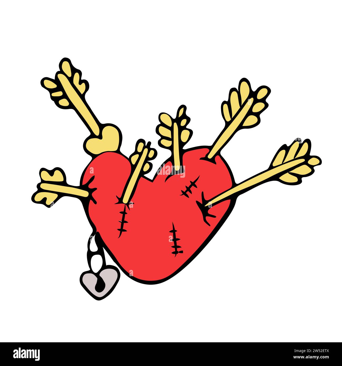 Scarlet Cartoon coeur avec des flèches percées, des cicatrices et un cadenas. Esquisse vectorielle du concept de relation amoureuse. Illustration de stock pour impressions de t-shirts, Illustration de Vecteur