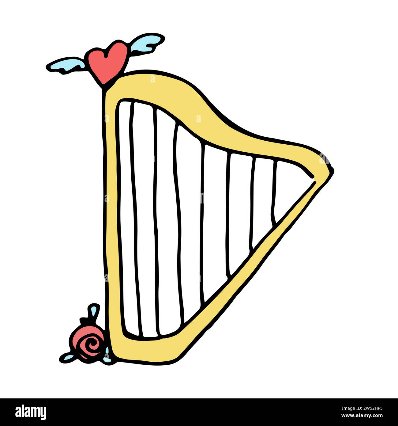 Harpe de dessin animé de couleur jaune avec une rose et un coeur ailé rouge dessus. Color doodle sur le thème de l'amour, des relations, de la romance. Illustration vectorielle Illustration de Vecteur