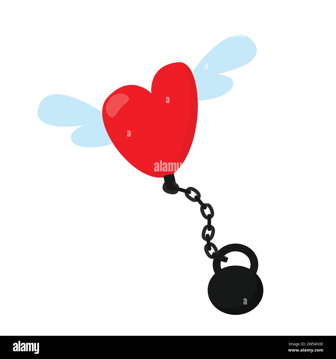 Coeur avec des ailes sur la chaîne avec kettlebell dans le style de bande dessinée isolé sur fond blanc. Le concept de relations amoureuses toxiques, violence domestique. Illustration de Vecteur
