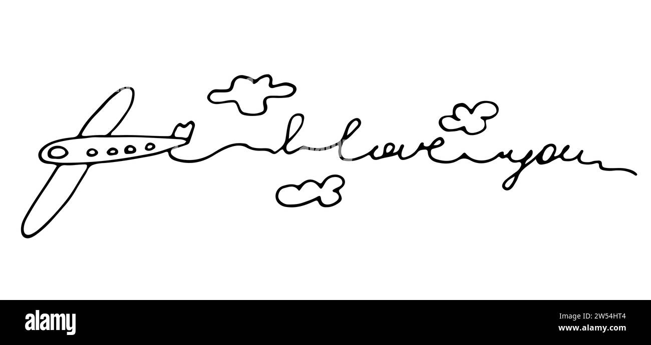 Doodle Airplane laisse une trace dans le ciel texte je t'aime. Croquis vectoriel pour la Saint-Valentin. Le concept de joie, d'amour et d'insouciance. Illustration de Vecteur