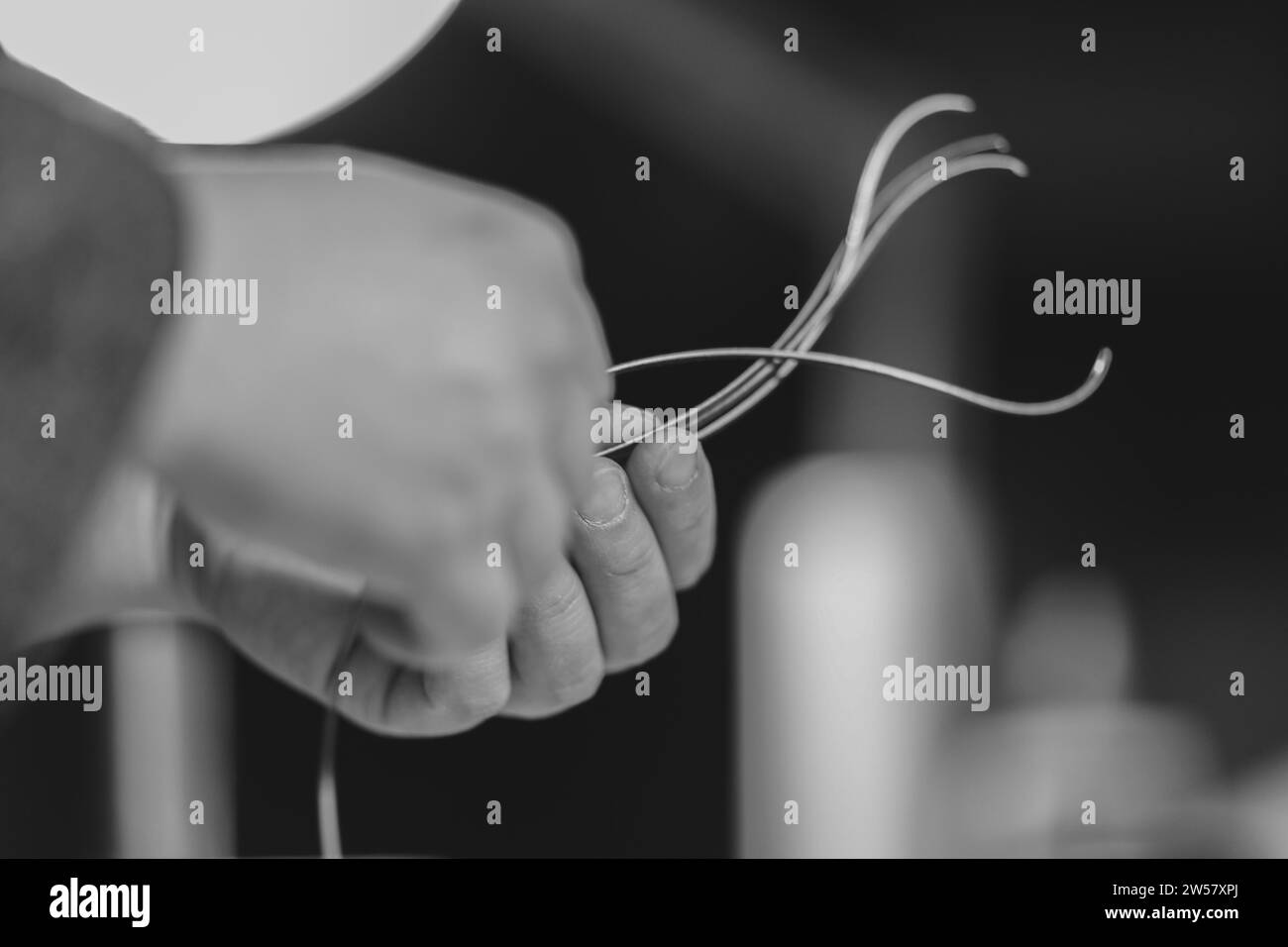 Violinmaker artisan main dans son atelier tenir le filet de ronfling en evony et ivoire ou bois de poire prêt à être inséré dans le sculpté tout autour du s. Banque D'Images