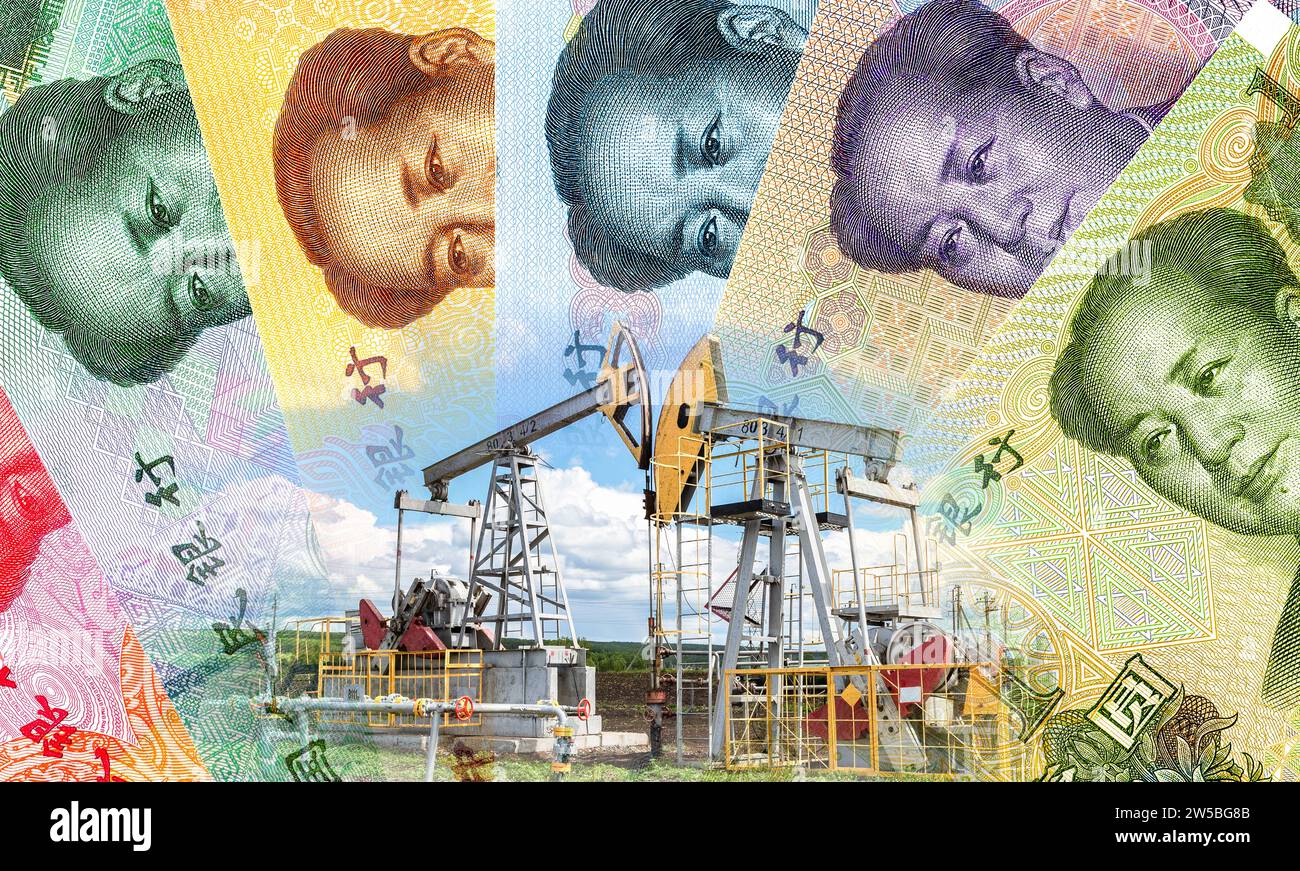 Vérin de pompe à huile fracturant machine d'extraction de brut et fond d'argent de yuanes chinois. Achat et vente de pétrole pour yuanes chinois. Industrie pétrolière equi Banque D'Images