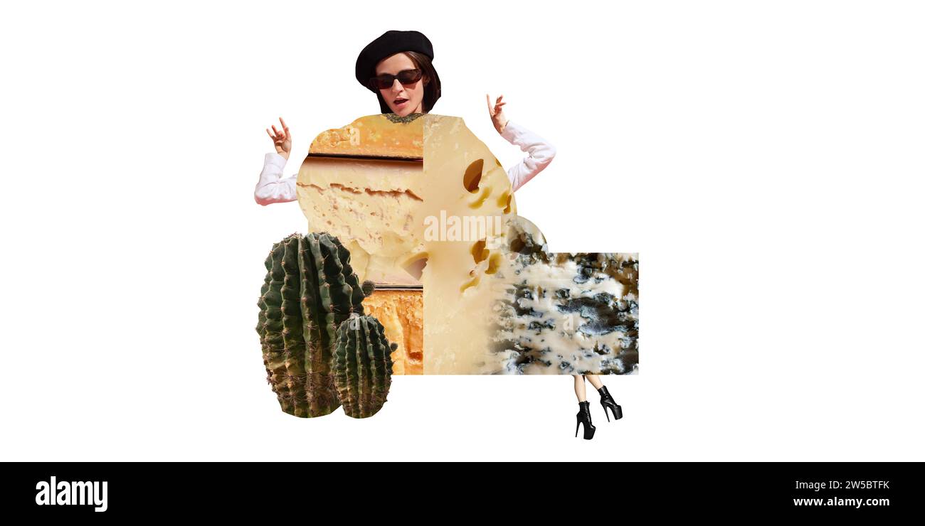 Jeune femme élégante en béret et lunettes de soleil avec différents fromages sur le corps sur fond blanc. Collage d'art contemporain. Banque D'Images