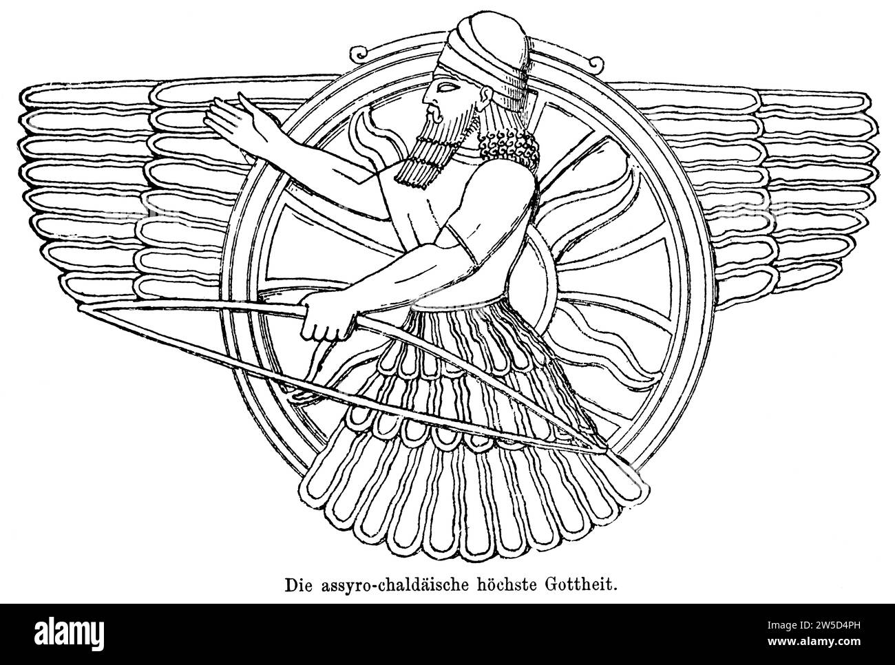 La divinité suprême assyro-chaldéenne, Assyrie, Chaldée, figure humaine, barbe, boucles, coiffe, flammes et rayons abstraits, arc, cercle, antiquité Banque D'Images