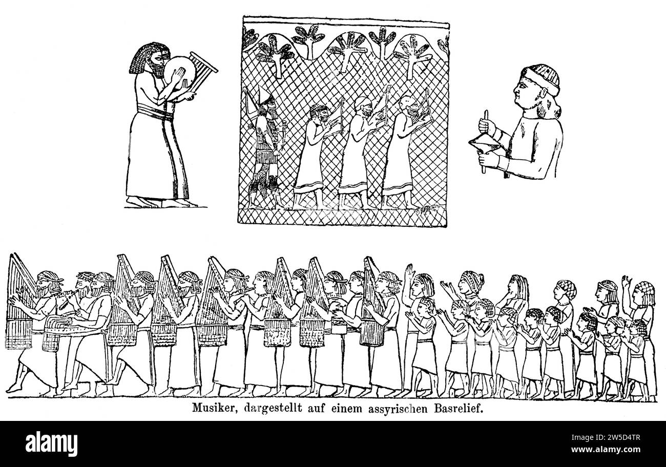 Musiciens, représentés sur un bas-relief assyrien, hommage au roi Nabuchodonosor, chanteurs, instruments de musique, double flûte, psaltère, cymbales, cymbales Banque D'Images