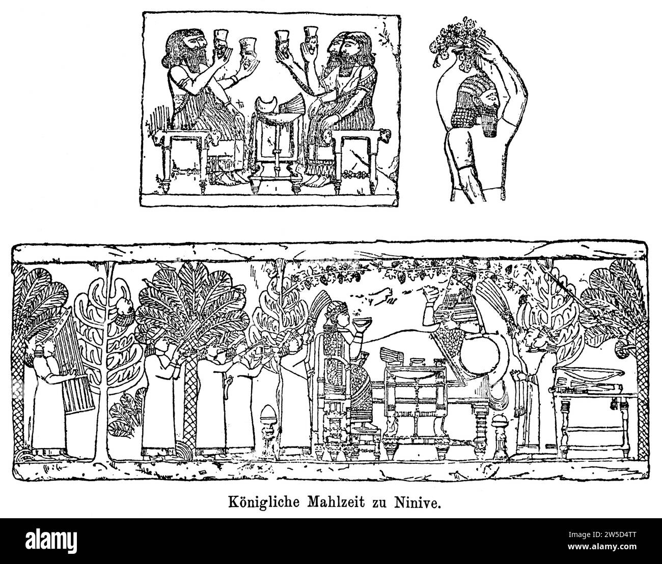 Banquet royal à Ninve, table dans le palais Assurbanipal à Koyundschik, prince et sa femme, scène de jardin, bol à boire, tasse, chaise, eunuques avec Banque D'Images