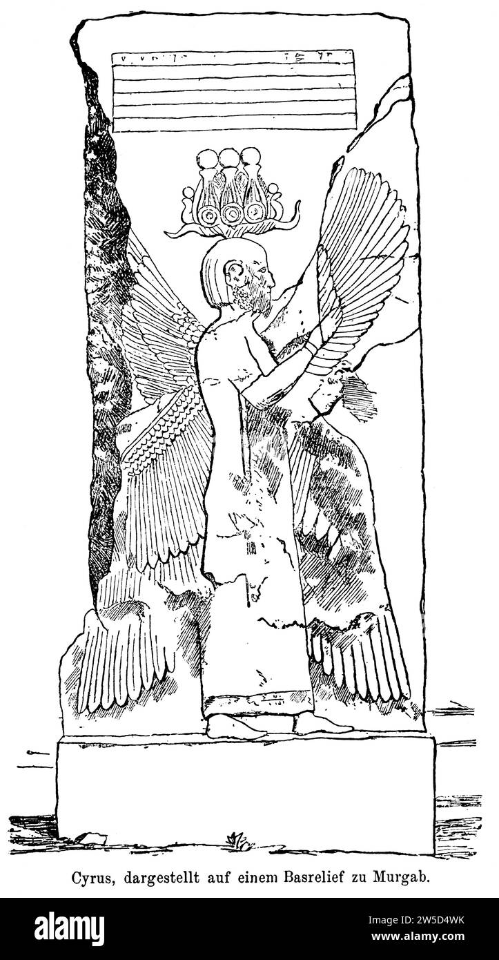 Cyrus, roi des Perses, Archemedine, bas-relief de Murgab, Perse, fondation, casque, bijoux, ailes avec plumes, épaule, symbole de Banque D'Images