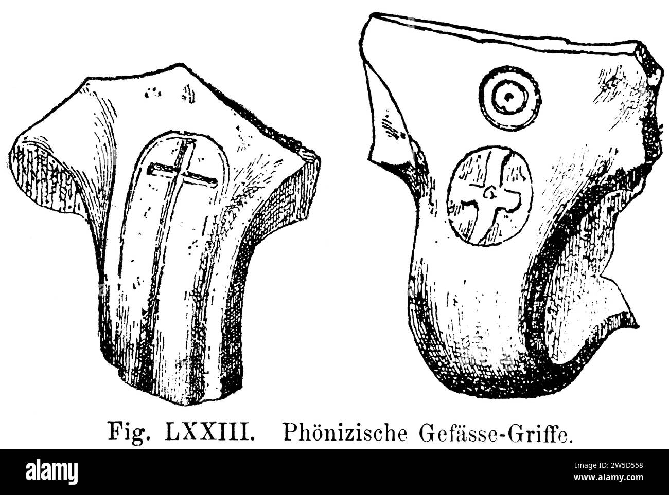 Vaisseaux phéniciens avec poignée, argile matérielle, divers signes, croix, illustration historique 1886 Banque D'Images