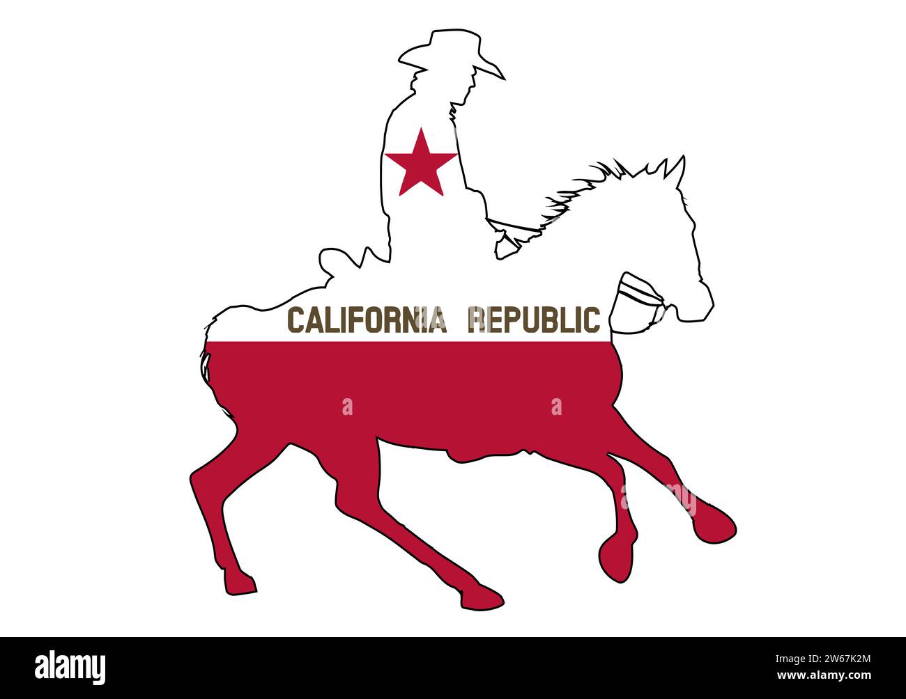 Silhouette d'un cow-boy de l'État de Californie sur un cheval avec drapeau de l'État en retrait Banque D'Images