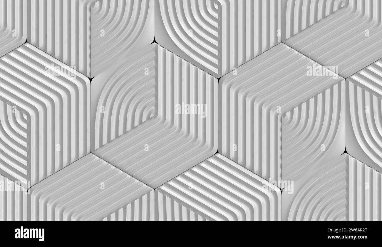 Un motif d'illusion 3D en niveaux de gris complexe avec un design géométrique sans couture qui crée un sentiment de profondeur et de complexité. Banque D'Images