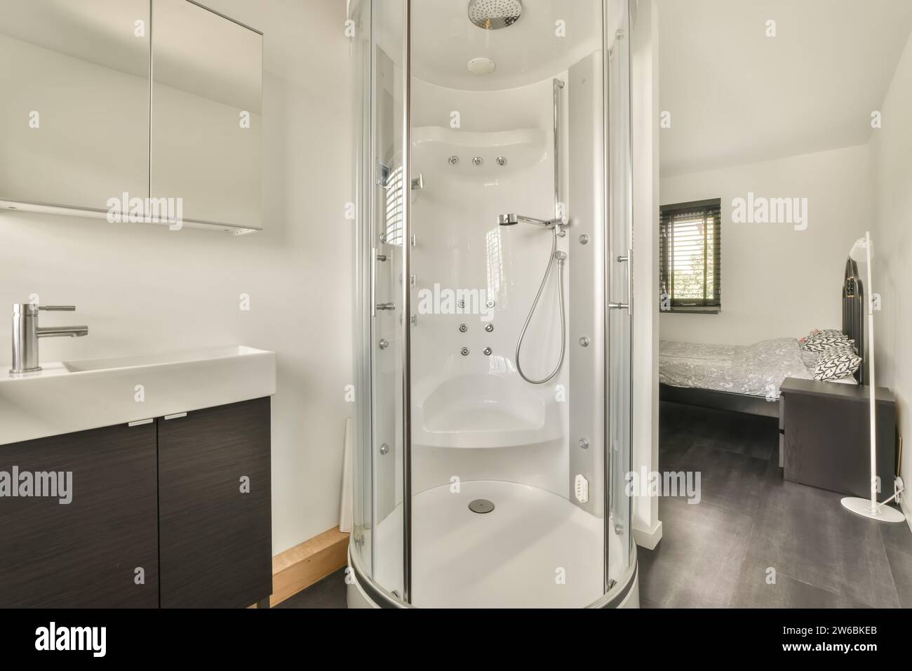 Une salle de bains élégante et contemporaine avec une cabine de douche en angle vitré à côté d'une vasque blanche, avec une chambre à l'arrière-plan. Banque D'Images