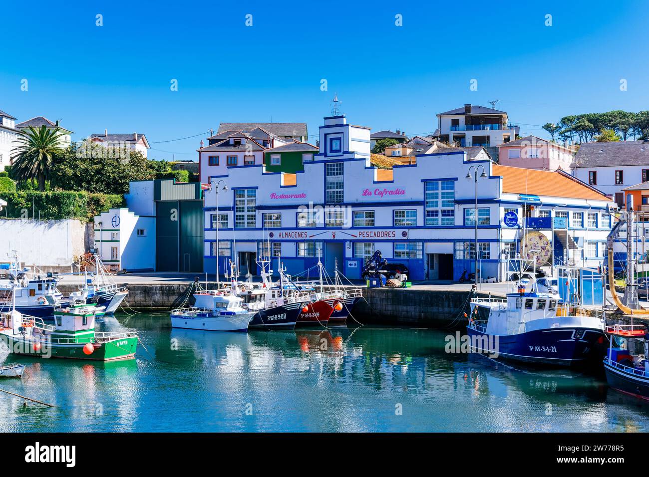 Port avec bateaux de pêche à Puerto de Vega, Navia, Principauté des Asturies, Espagne, Europe Banque D'Images