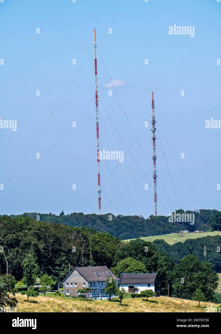 Transmetteur Langenberger, transmetteur WDR sur le Hordtberg près de Velber-Langenberg, 2 mâts de transmission de 301m et 170m de haut, NRW, Allemagne, Banque D'Images