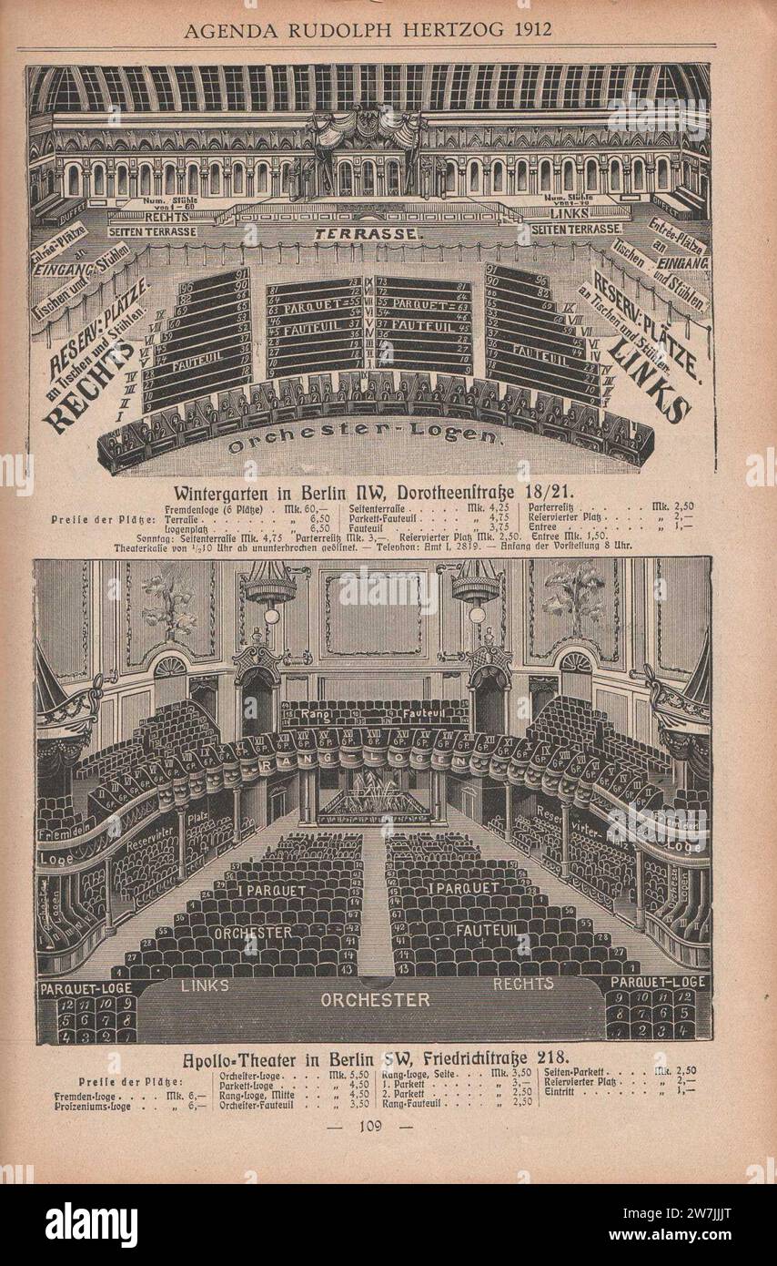 Wintergarten in Berlin NW, Dorotheenstraße 18-21 und Apollo-Theater in Berlin SW, Friedrichstraße 128, Bestuhlung 1912. Banque D'Images