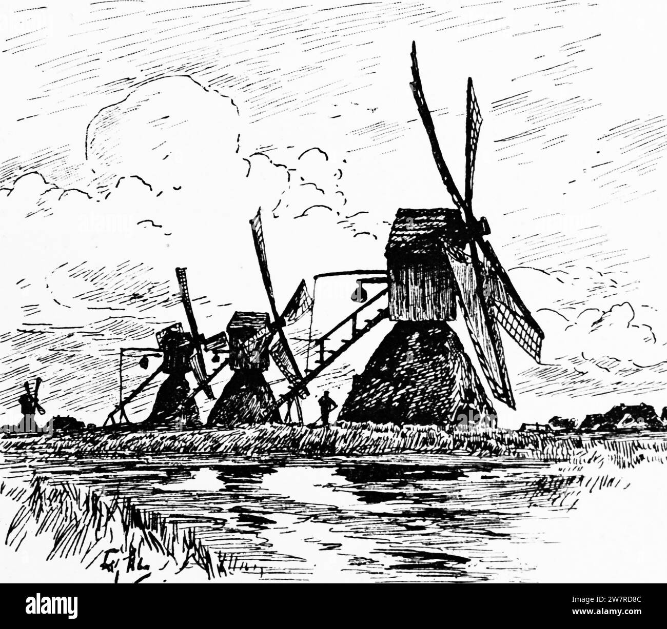 Moulins à vent dans les marais de l'Elbe, Schleswig-Holstein, Allemagne du Nord, Europe centrale, Illustration historique 1896 Banque D'Images