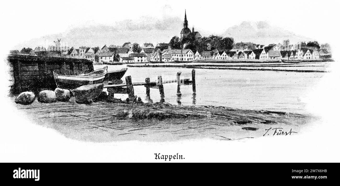 Vue à travers le fjord Schlei sur la ville de Kappeln, Schleswig-Holstein, Allemagne du Nord, Illustration historique 1896 Banque D'Images