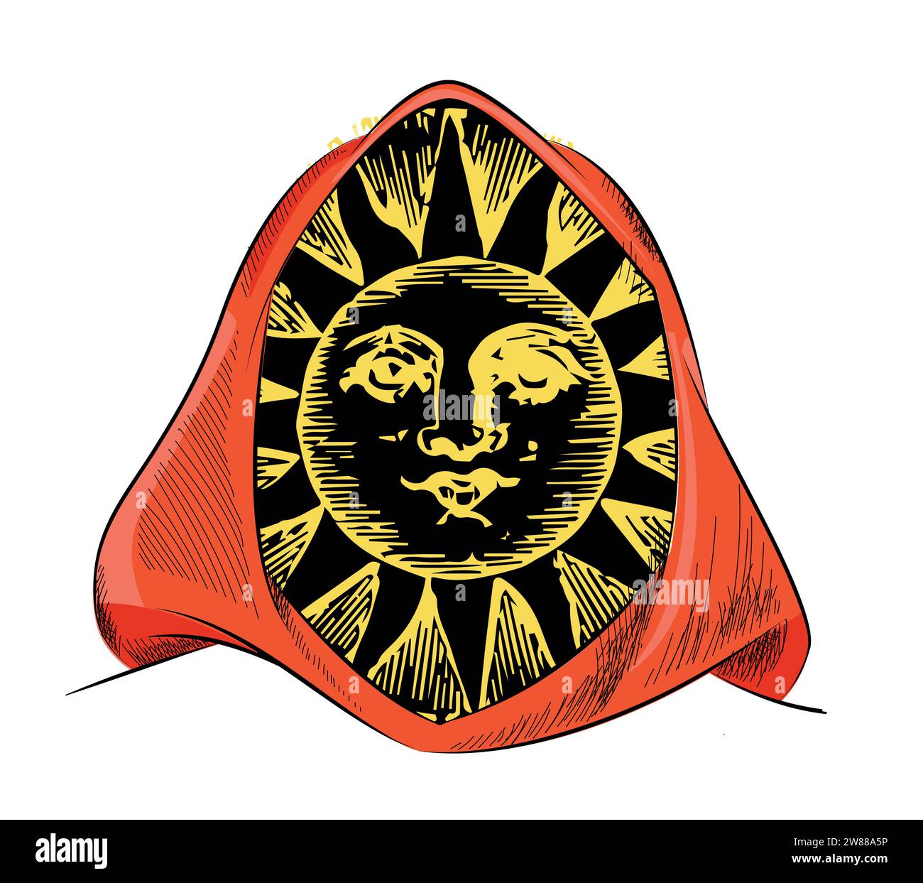 Design pour un t-shirt de caractère avec une capuche rouge et le visage du soleil. dieu solaire Illustration de Vecteur