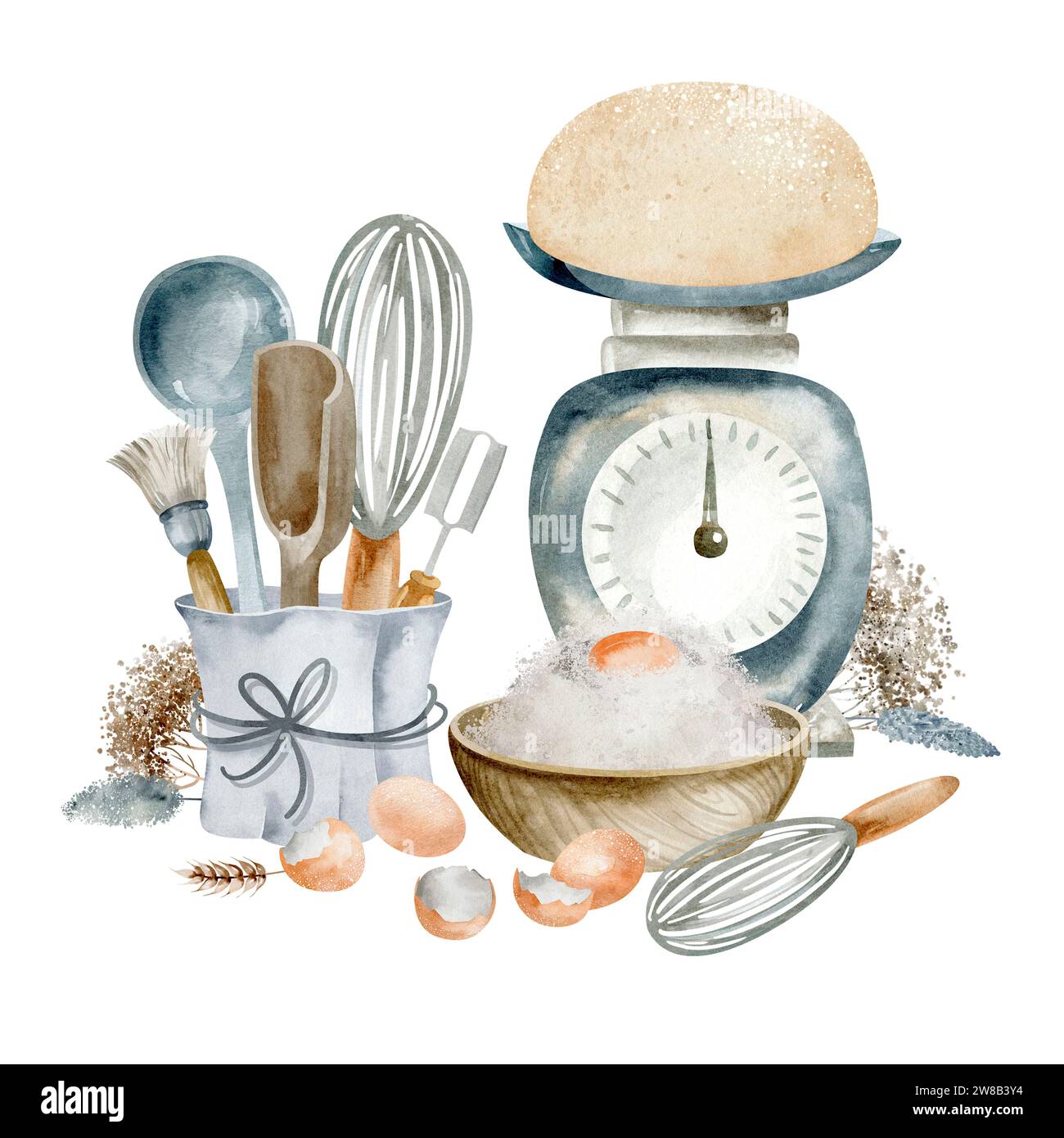 Aquarelle nature morte lumineuse avec divers plats et ingrédients de cuisson sur un fond blanc. Banque D'Images