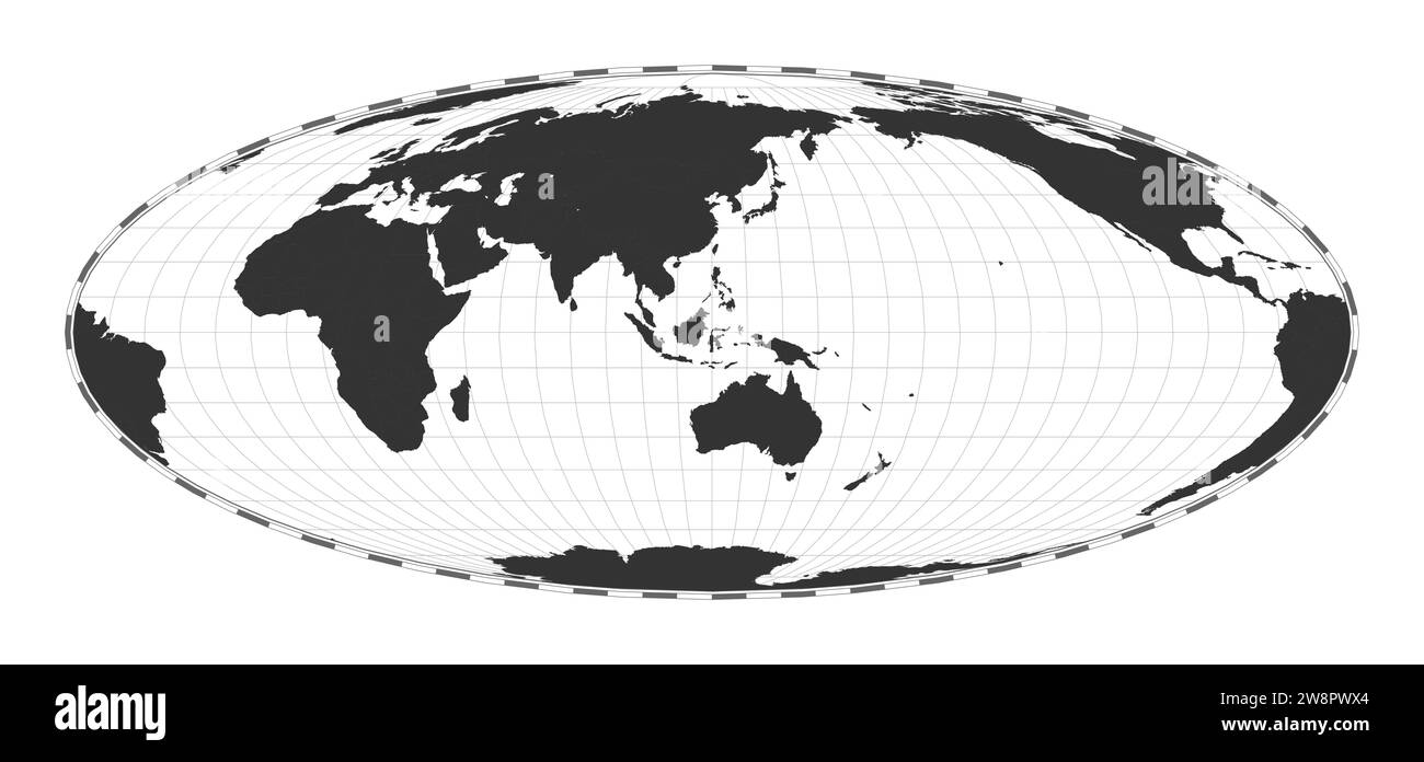 Carte du monde vectorielle. Projection Bromley. Carte géographique du monde simple avec les lignes de latitude et de longitude. Centré sur 120° de longitude O. Illustration de Vecteur