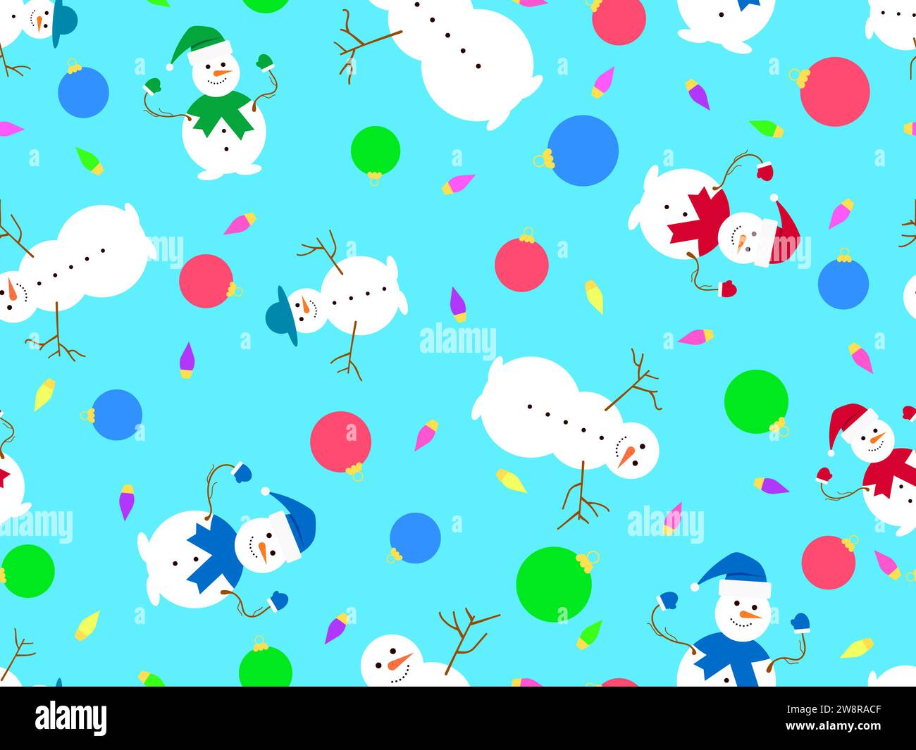 Bonhomme de neige et boules de Noël modèle sans couture. Décorations de Noël et bonhomme de neige avec une carotte pour un nez et une branche pour les mains. Design de Noël pour banne Illustration de Vecteur