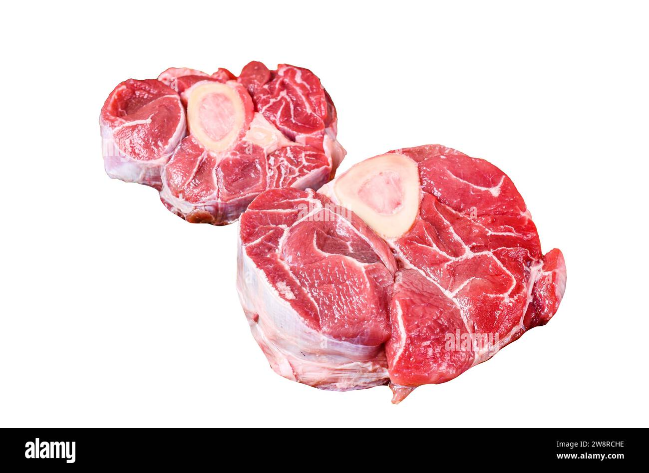 Veau cru coupe croisée viande de jarret osso buco, cuisson italienne ossobuco. Isolé sur fond blanc, vue de dessus Banque D'Images