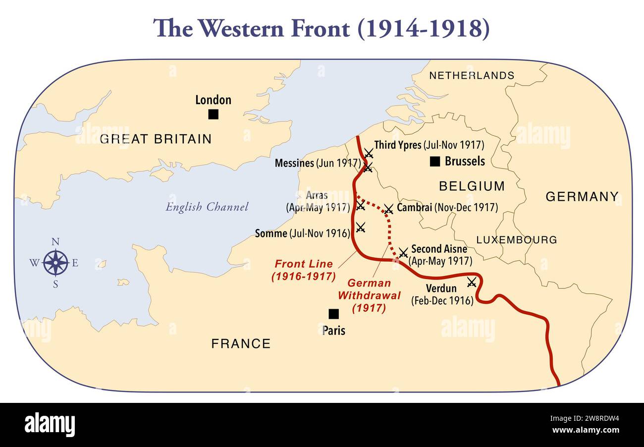 Carte du front occidental et des principales batailles de la première Guerre mondiale. Banque D'Images