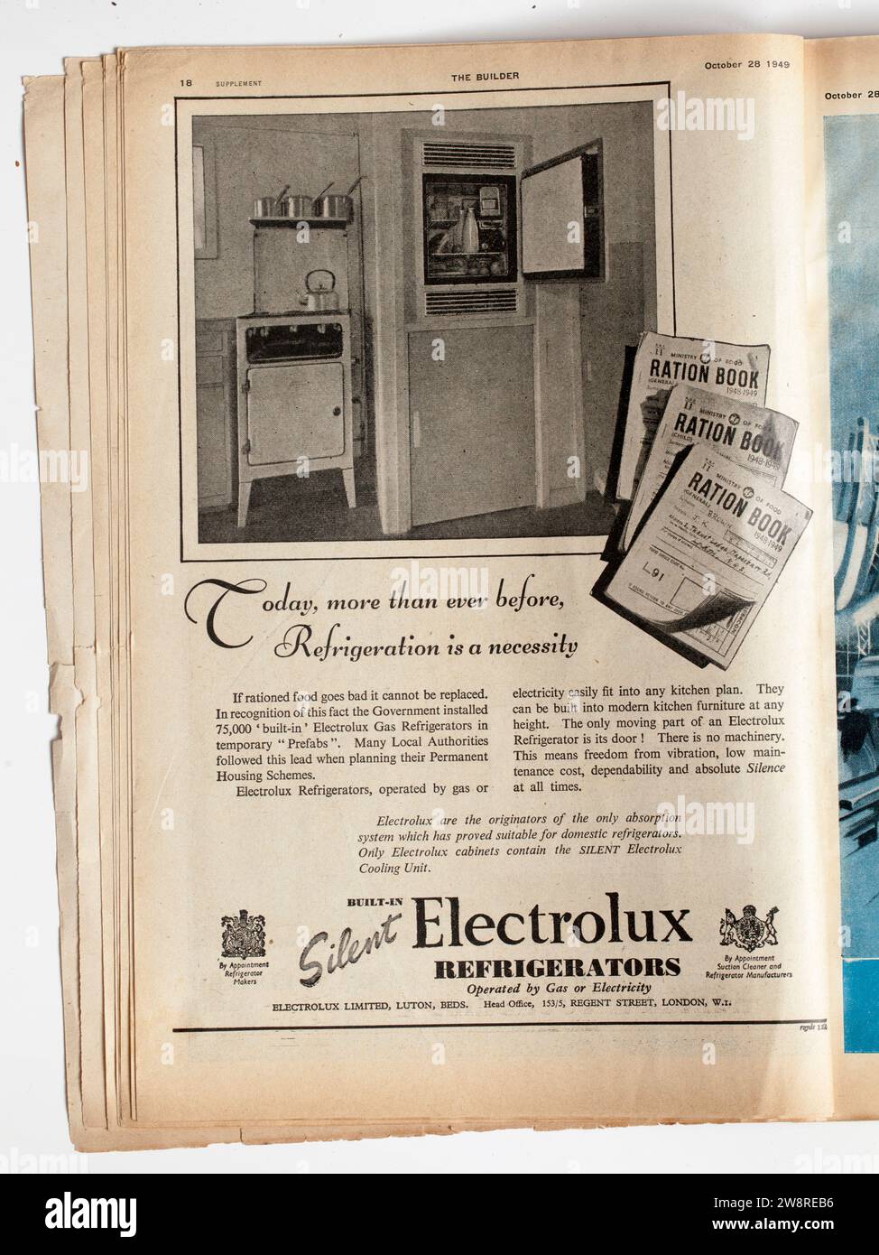 Publicité tirée d'un exemplaire des années 1940 The Builder Magazine - réfrigérateurs Electrolux Banque D'Images