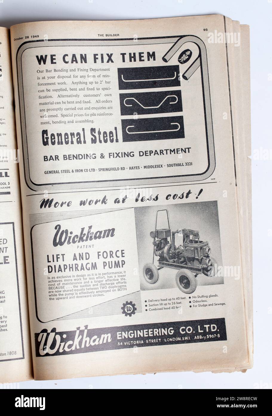Publicité tirée d'une copie des années 1940 The Builder Magazine ; General Steel ; Wickham Engineering Banque D'Images