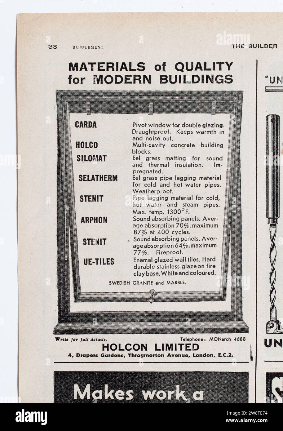 Publicité à partir d'une copie des années 1940 The Builder Magazine-HolconLtd Banque D'Images