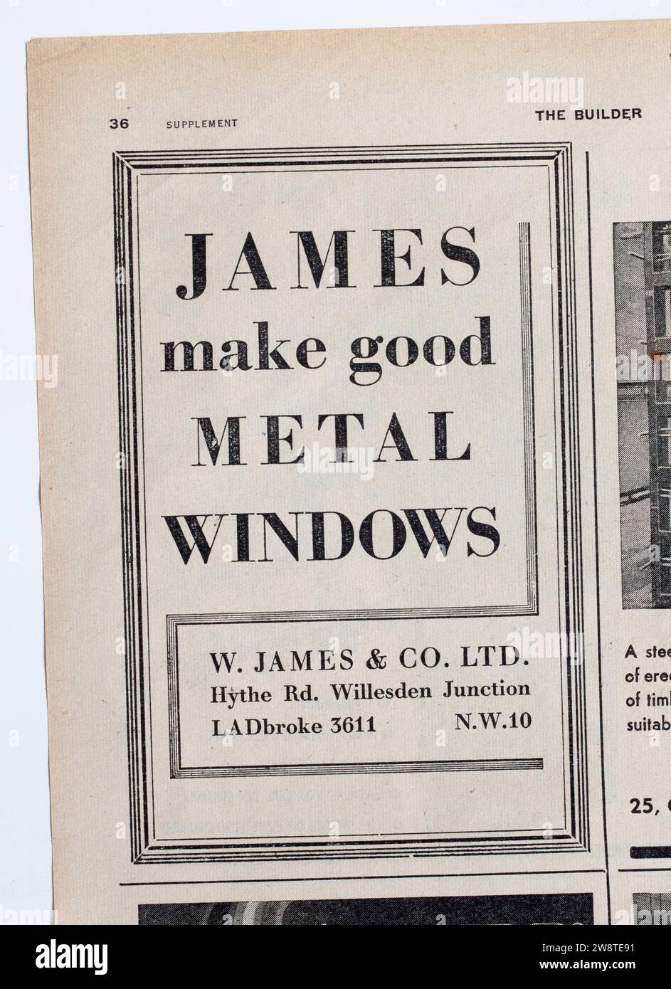 Publicité à partir d'une copie des années 1940 The Builder Magazine - W James and Co Metal Windows Banque D'Images