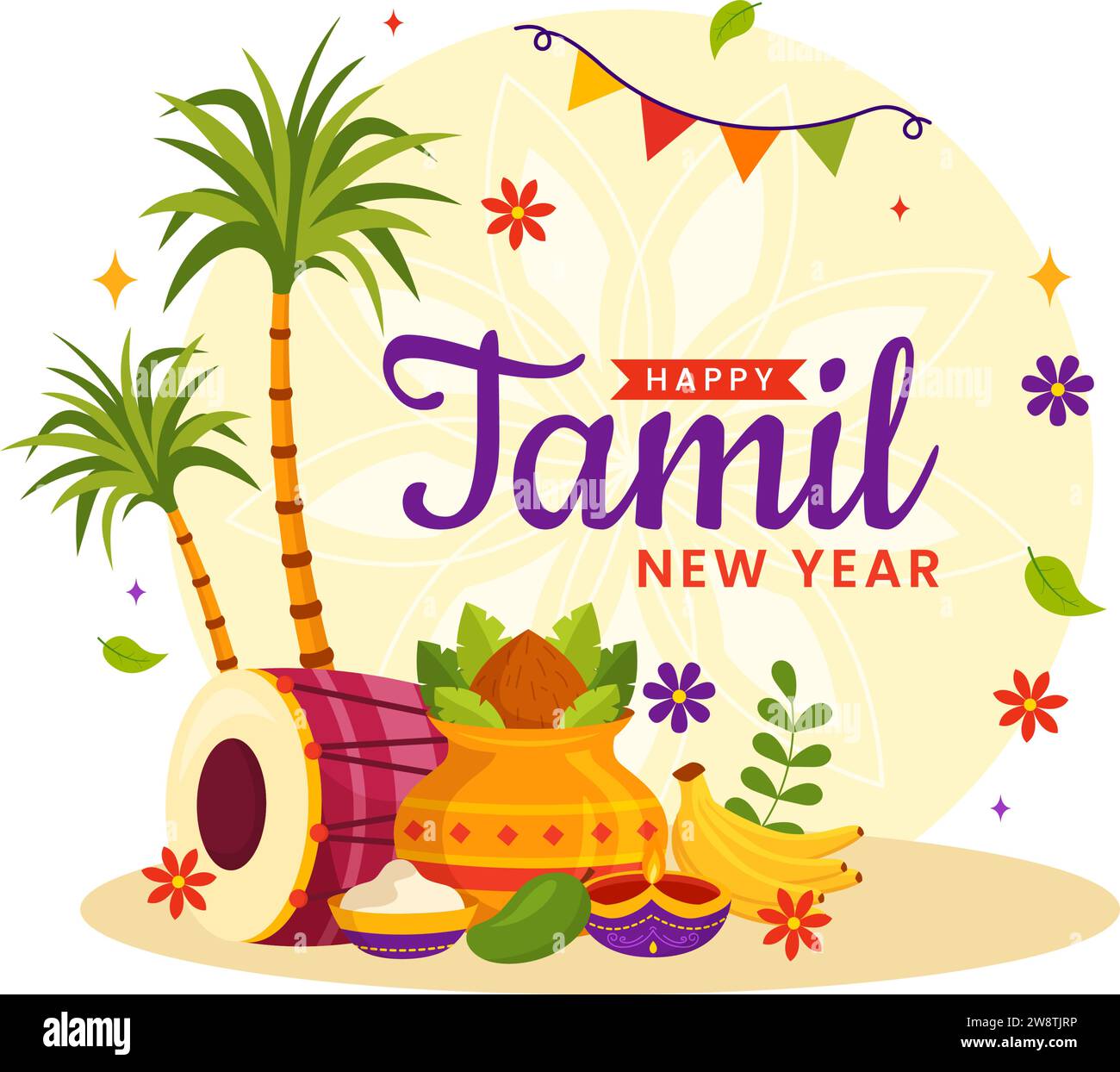 Joyeux Tamil nouvel an Vector Illustration avec des fleurs de Vishu, noix de coco, bougie, pots et festival hindou indien dans la conception de fond de dessin animé plat Illustration de Vecteur