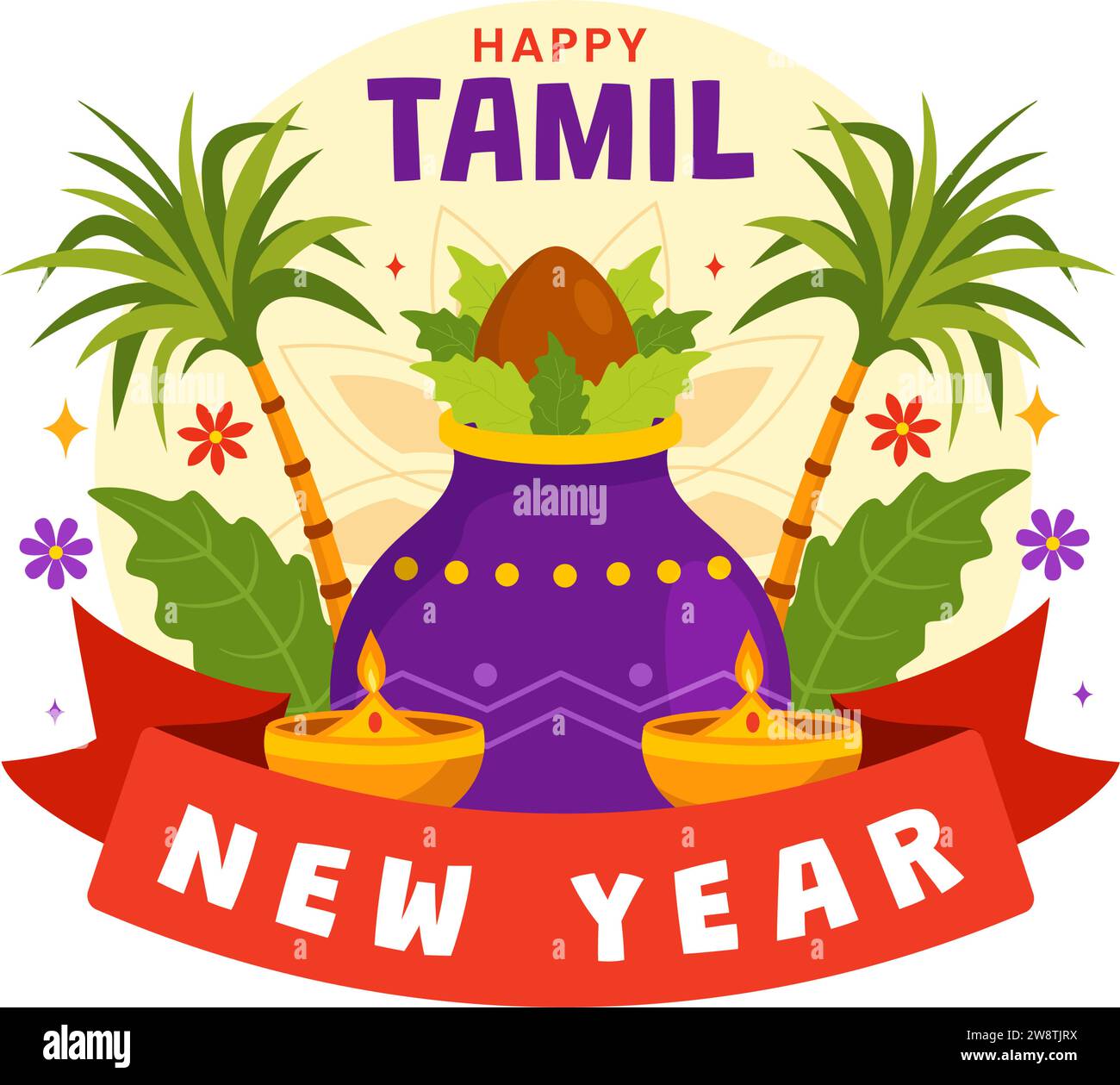 Joyeux Tamil nouvel an Vector Illustration avec des fleurs de Vishu, noix de coco, bougie, pots et festival hindou indien dans la conception de fond de dessin animé plat Illustration de Vecteur