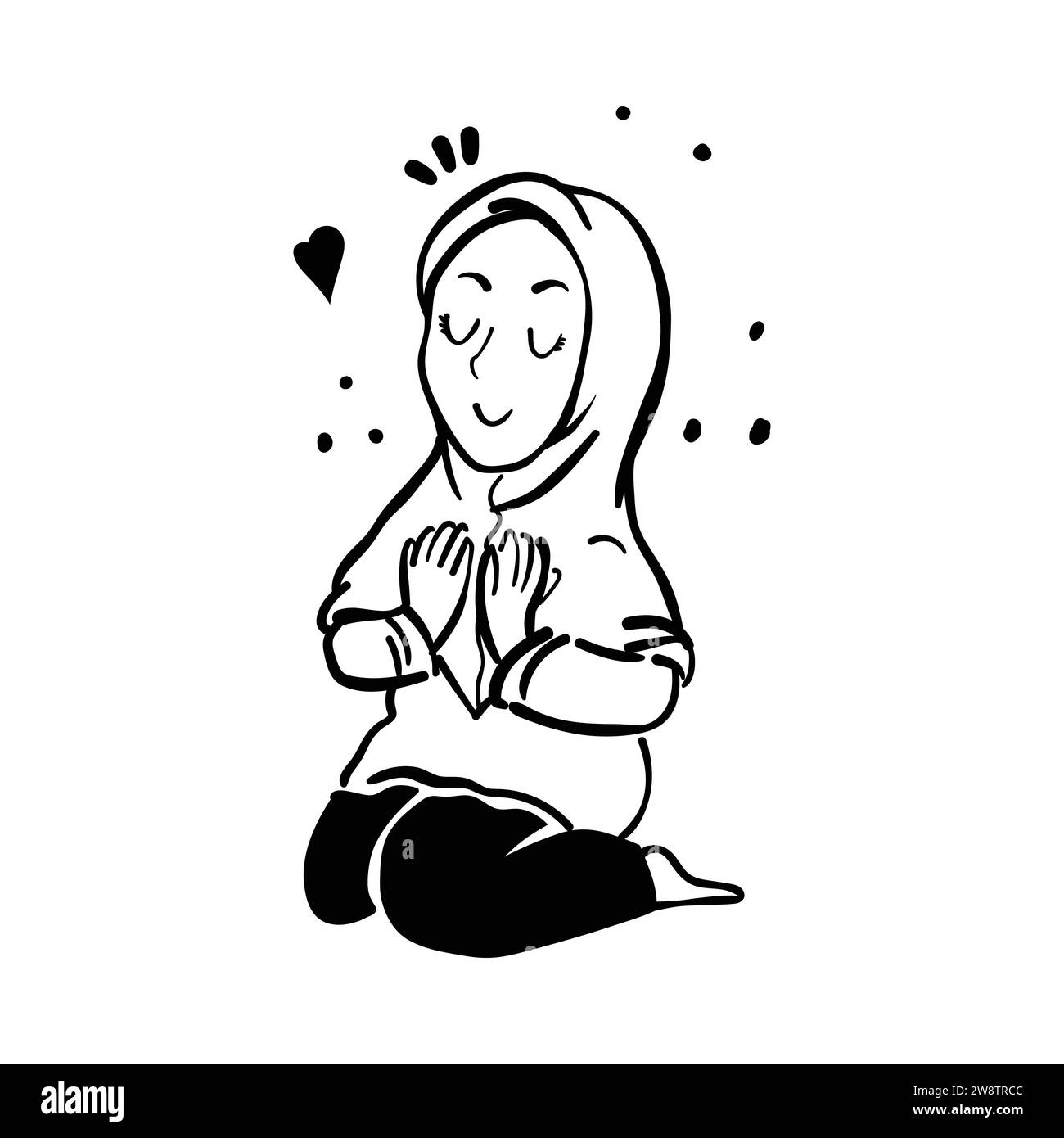 Femme musulmane faisant la prière. Prières dans la congrégation. Homme musulman prie en vêtements blancs, illustration vectorielle plate de dessin animé isolé. Illustration de Vecteur