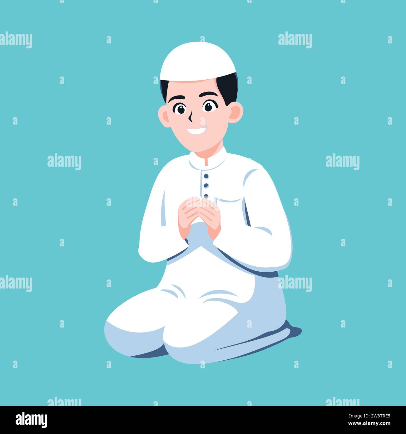 Homme musulman faisant la prière. Prières dans la congrégation. Homme musulman prie en vêtements blancs, illustration vectorielle plate de dessin animé isolé. Illustration de Vecteur