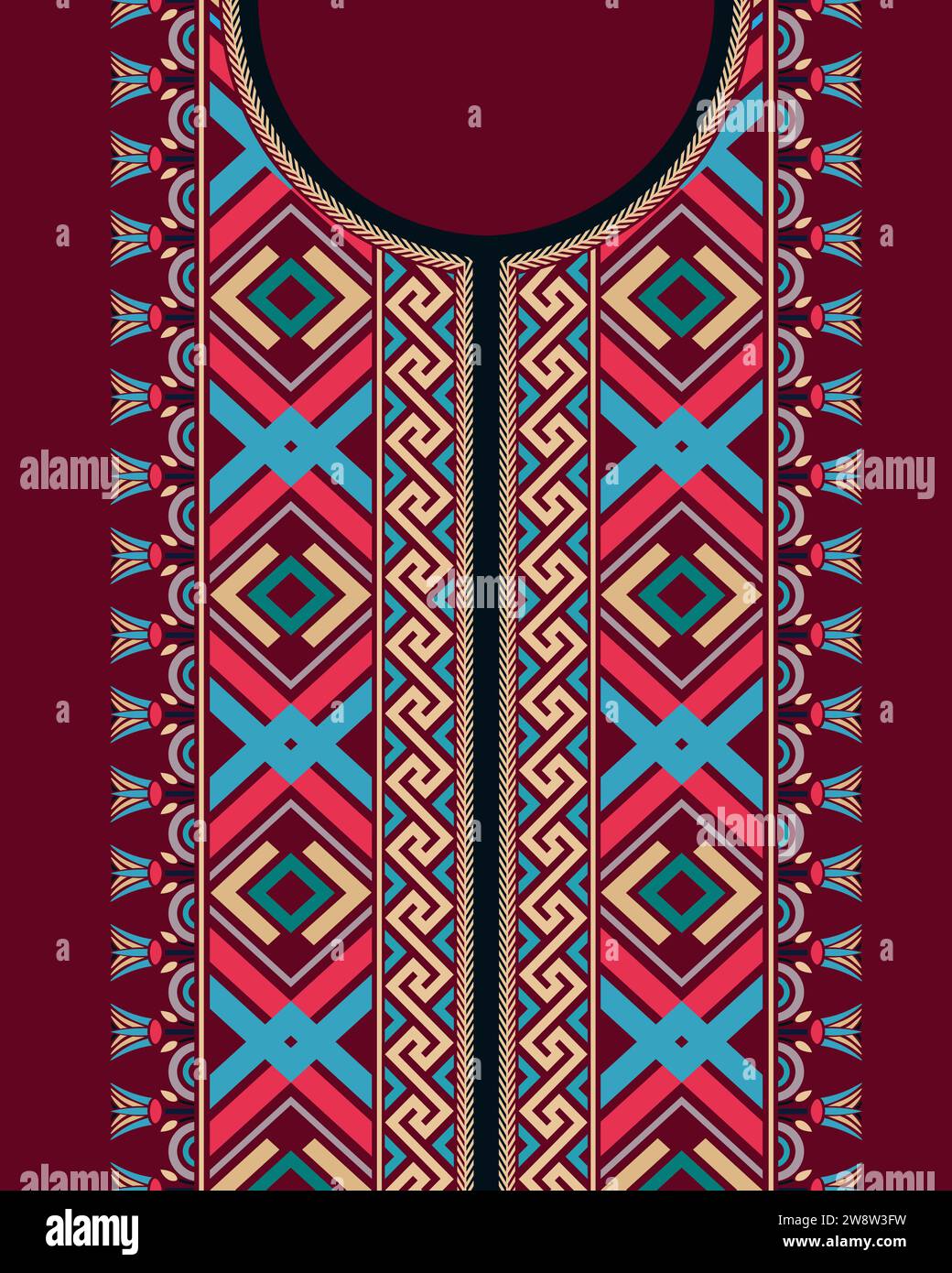 Un motif brodé coloré au cou dans un style rétro avec des motifs de fret grec, des formes géométriques et du lotus égyptien. Illustration de Vecteur