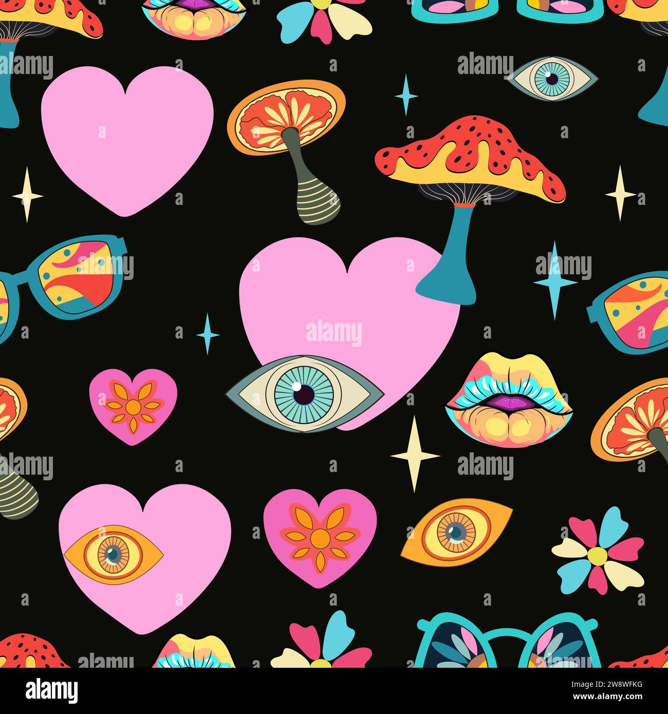Imprimés de style dessin animé avec fleurs et champignons, verres et éléments rétro. Free Spirit Fun backgrounds.Bohemian Seamless Patterns des années 70 Illustration de Vecteur