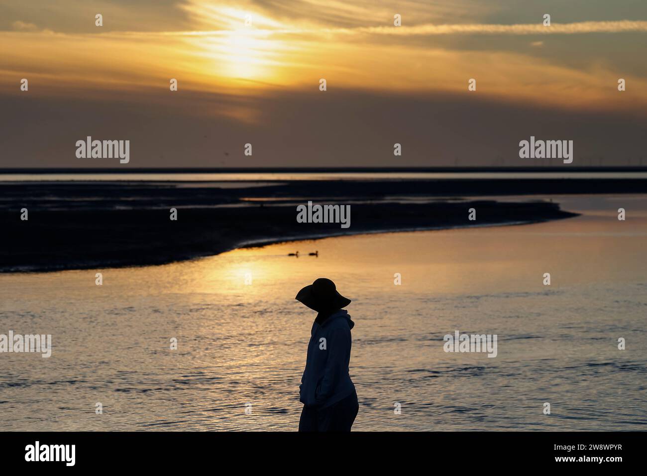 Silhouette de femme debout sur la plage au coucher du soleil sur l'île de Borkum regardant deux canards nager sur l'eau, Basse-Saxe, Allemagne Banque D'Images