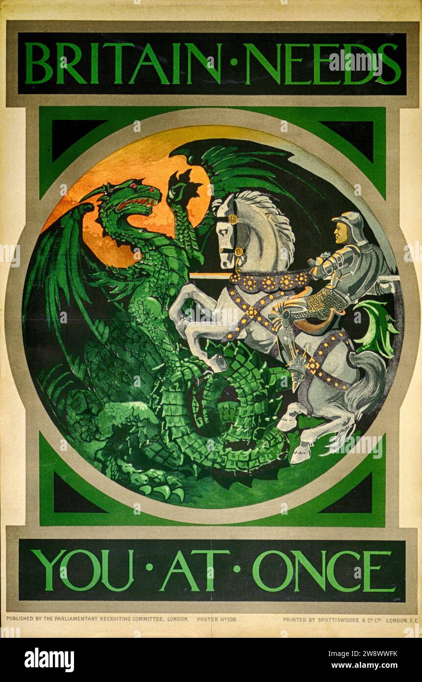 « La Grande-Bretagne a besoin de vous à la fois » affiche de recrutement britannique de la première Guerre mondiale montrant St. George tuant le dragon ; scène en format cocarde, publié par le Comité de recrutement parlementaire en 1915 Banque D'Images