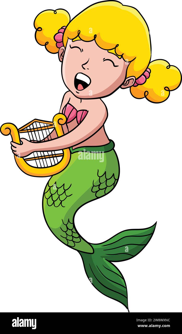Sirène jouant Harp Cartoon Colored Clipart Illustration de Vecteur