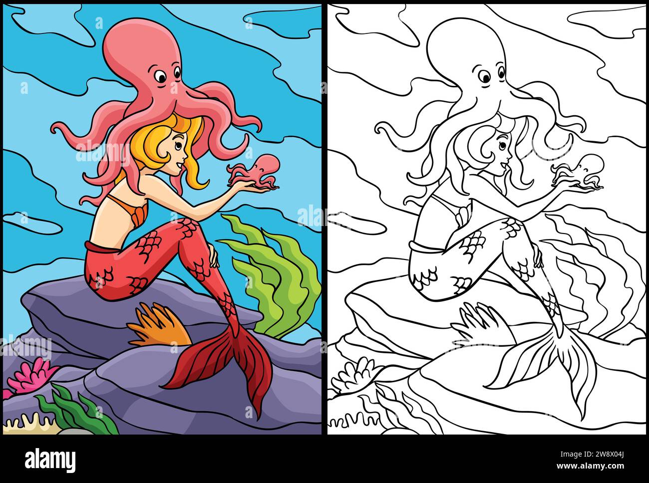 Sirène avec une Illustration de page de coloriage Octopus Illustration de Vecteur