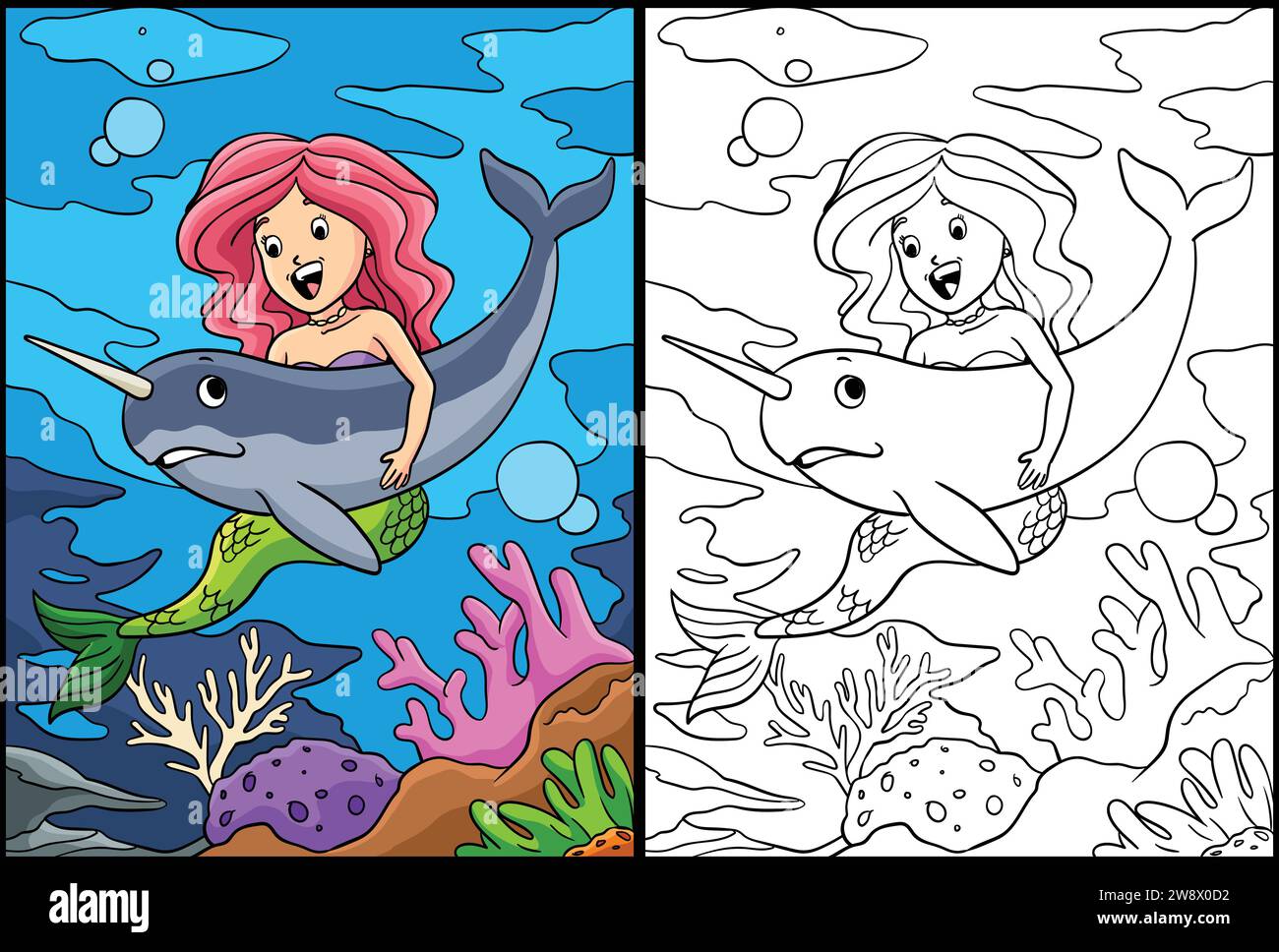 Sirène et enlacement Narval Coloriage Illustration Illustration de Vecteur