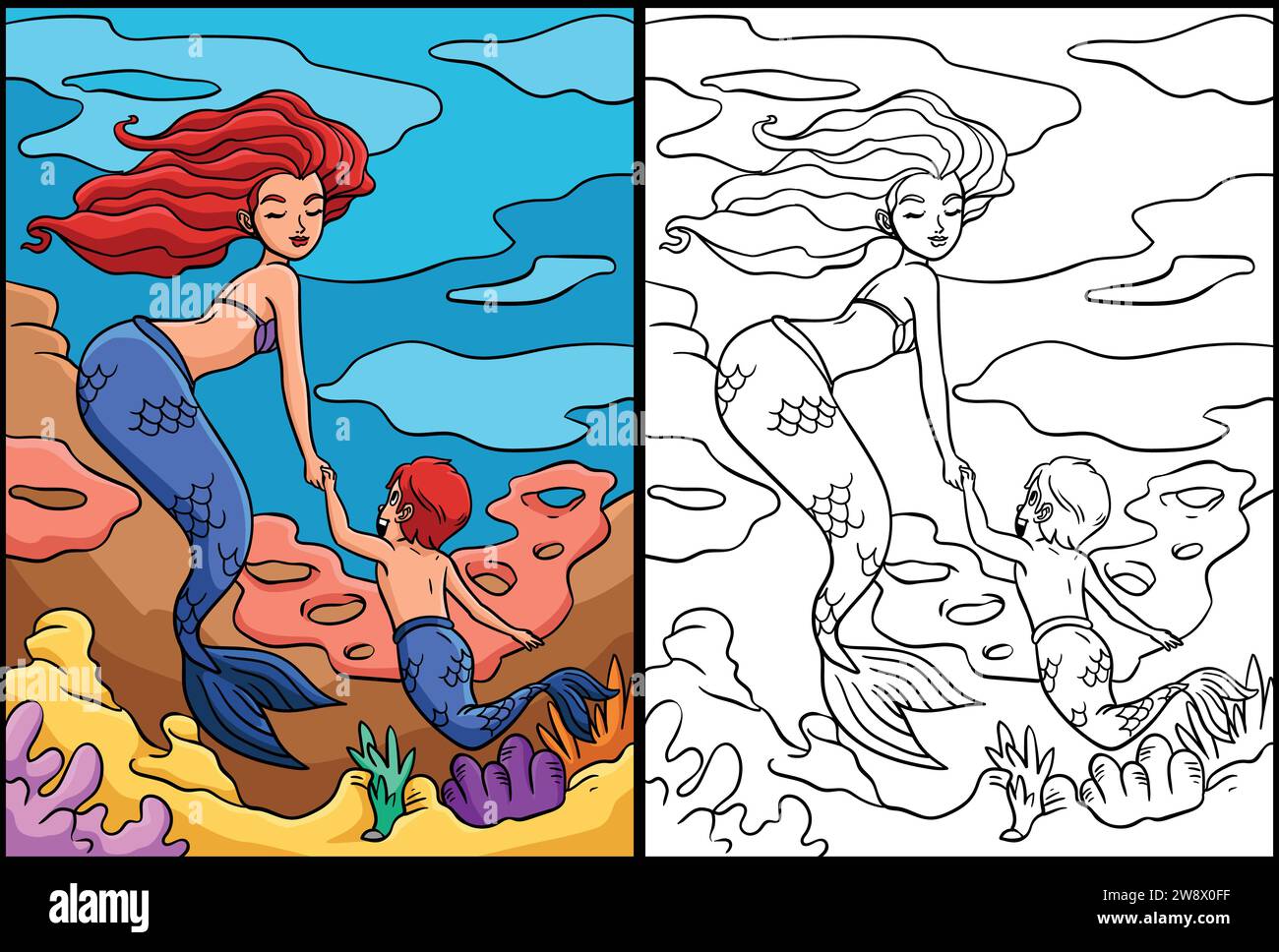 Mermaid et Young Merman Coloring Illustration Illustration de Vecteur