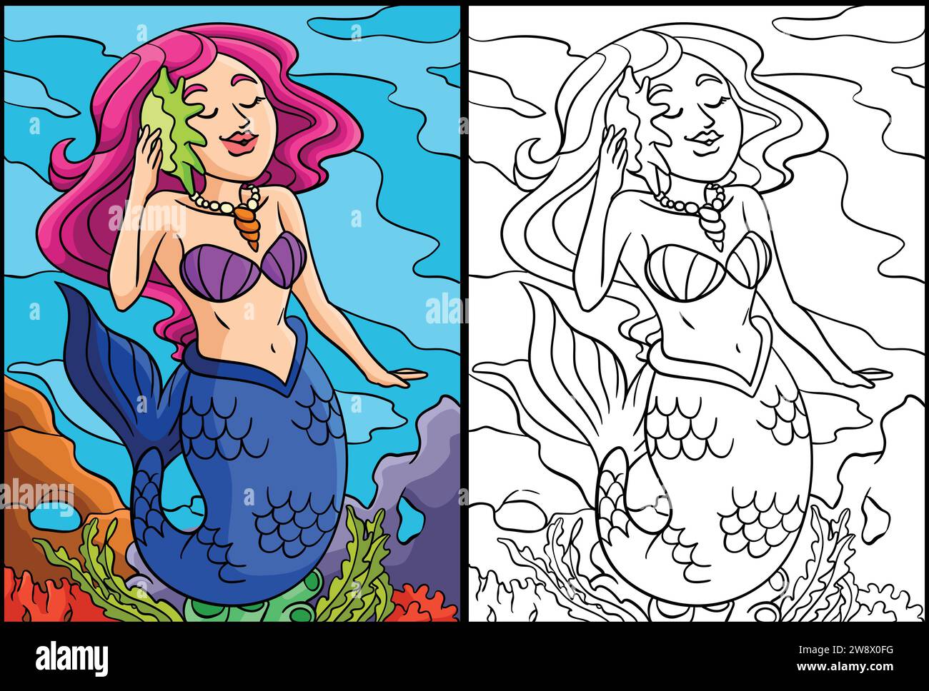 Belle page de coloriage de Sirène Illustration Illustration de Vecteur