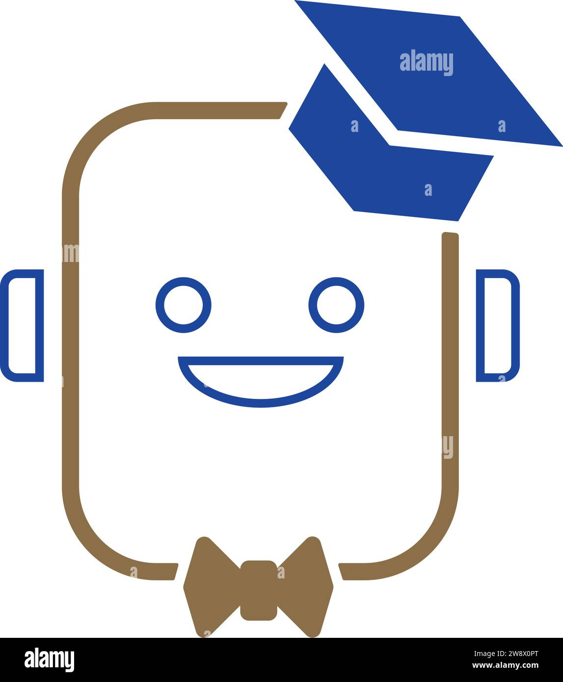 Bot formé avec chapeau diplômé et noeud papillon, certifié, éduqué, intelligent, cultivé, formé en machine learning, deep learning, qui apprend Illustration de Vecteur