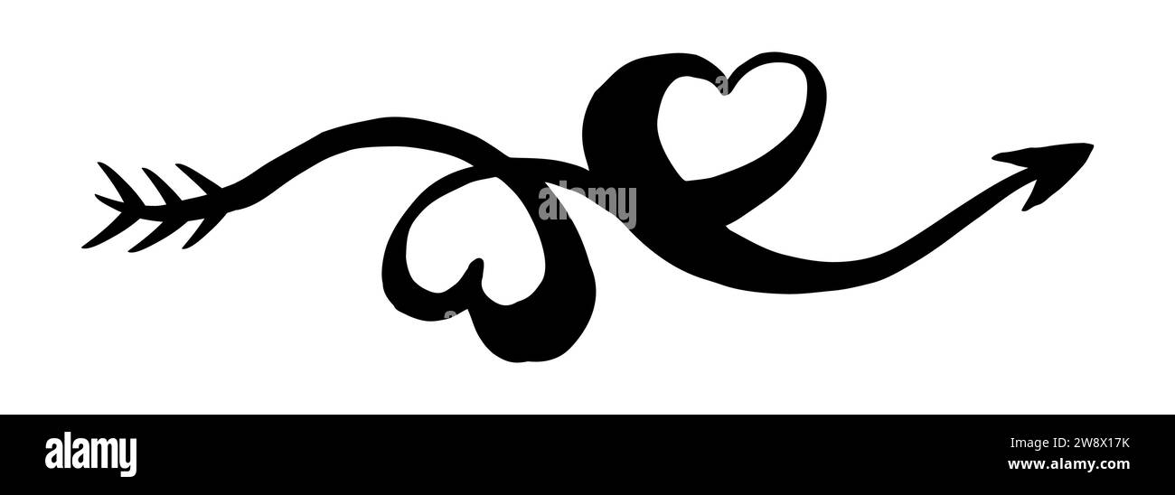 Deux coeurs entrelacés pour la Saint-Valentin, reliés par une flèche, peints à la main avec un pinceau et de l'encre, isolés sur fond blanc. Illustrateur de vecteur Illustration de Vecteur